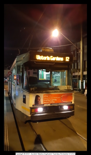 It's two minutes after midnight on March 19, 2019 as A1 class tram 232 prepares for the last trip to Victoria Gardens